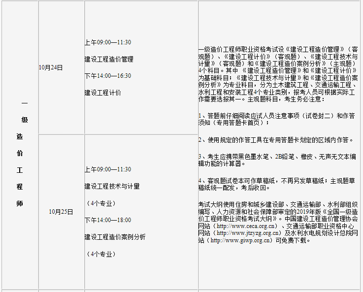 一级造价工程师考试时间及科目